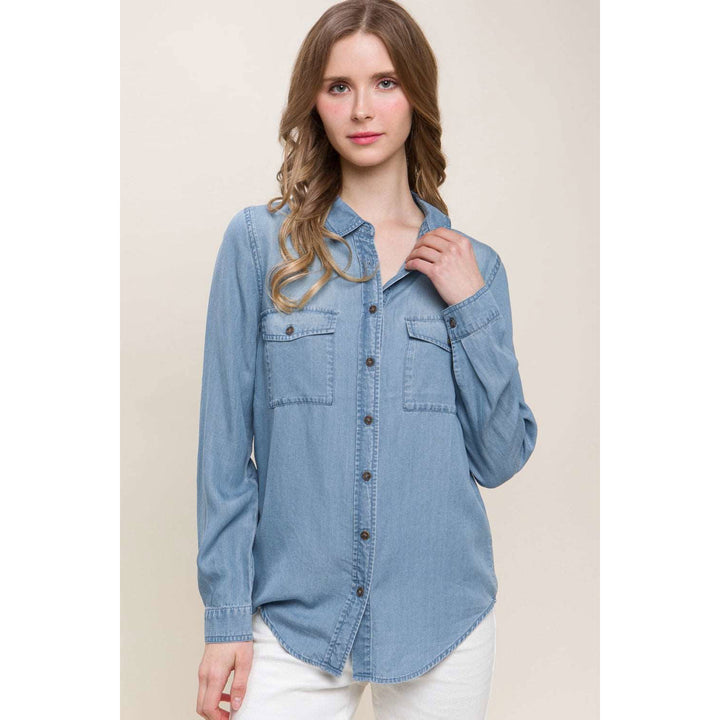 Love Tree Scooped Hem Button Up Denim Shirt Image 1