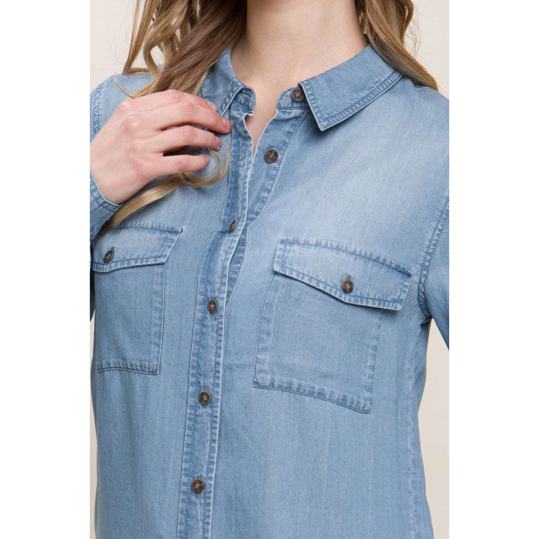 Love Tree Scooped Hem Button Up Denim Shirt Image 2