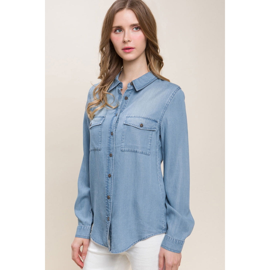 Love Tree Scooped Hem Button Up Denim Shirt Image 3