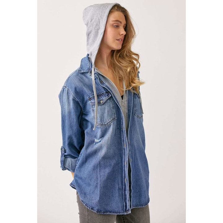 RISEN Zip Up Hooded Denim Shirt Image 1