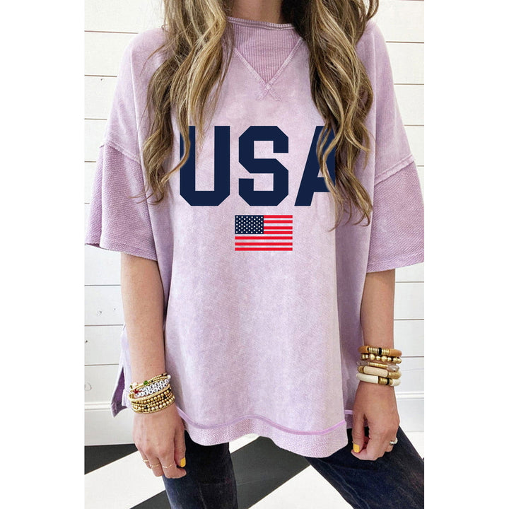 Orchid Petal Acid Wash USA Flag Graphic Drop Sleeve T Shirt Image 1