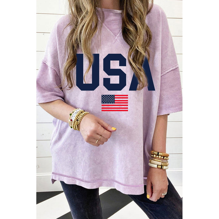 Orchid Petal Acid Wash USA Flag Graphic Drop Sleeve T Shirt Image 3