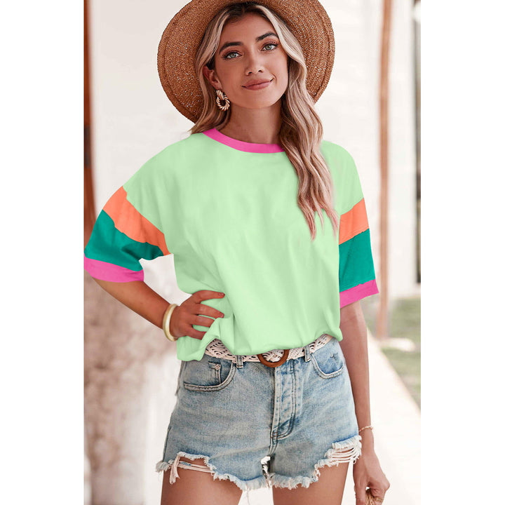 Green Color Block Sleeve Round Neck Oversize Top Image 1