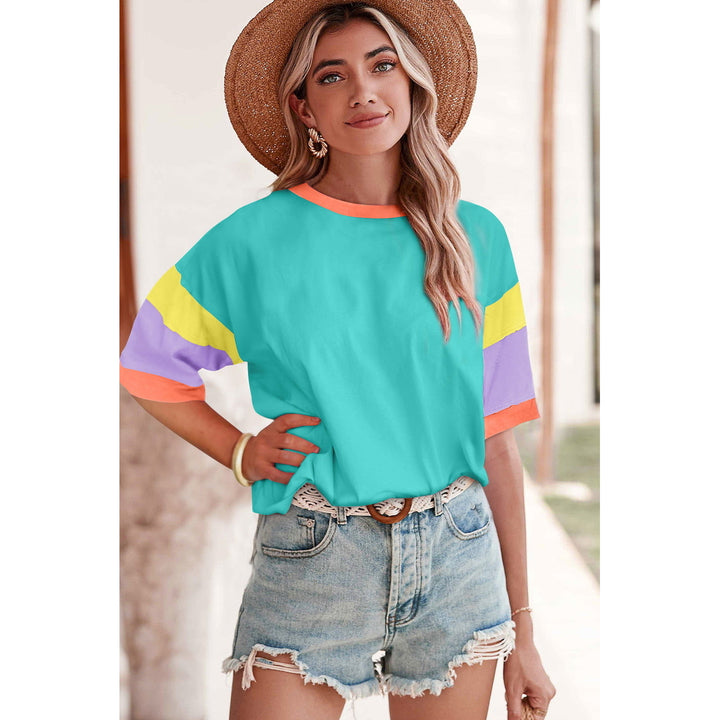 Green Color Block Sleeve Round Neck Oversize Top Image 3