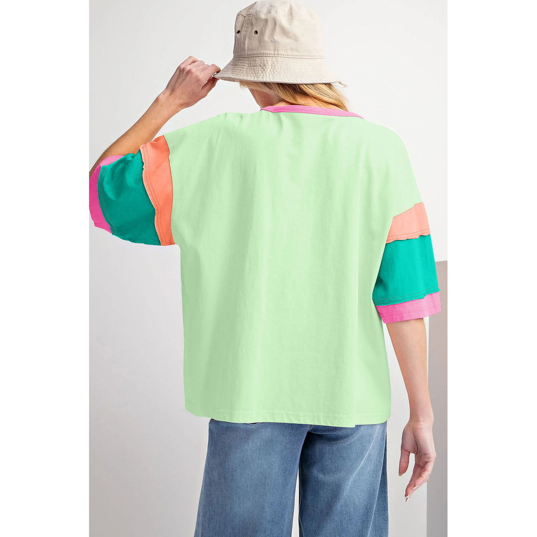 Green Color Block Sleeve Round Neck Oversize Top Image 4