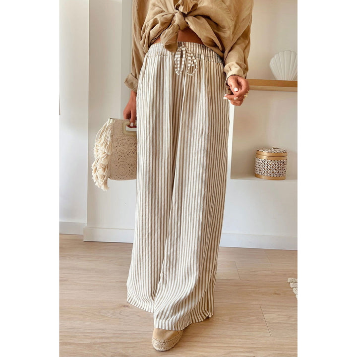 Khaki Striped Drawstring Waist Loose Pants Image 1