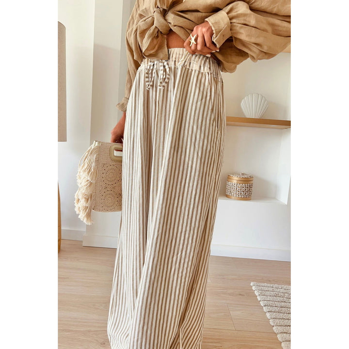 Khaki Striped Drawstring Waist Loose Pants Image 2