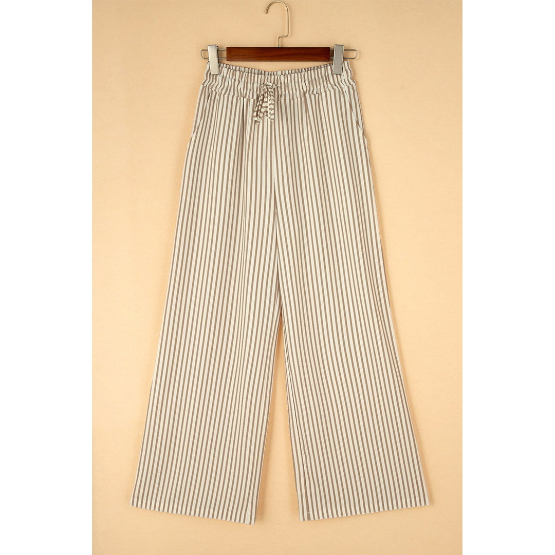 Khaki Striped Drawstring Waist Loose Pants Image 3