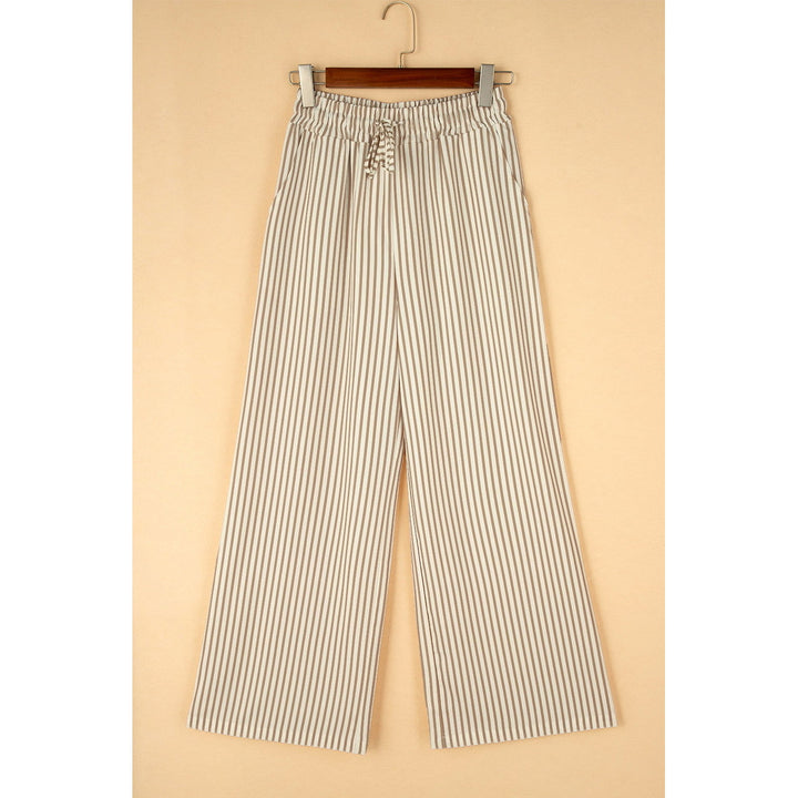 Khaki Striped Drawstring Waist Loose Pants Image 3