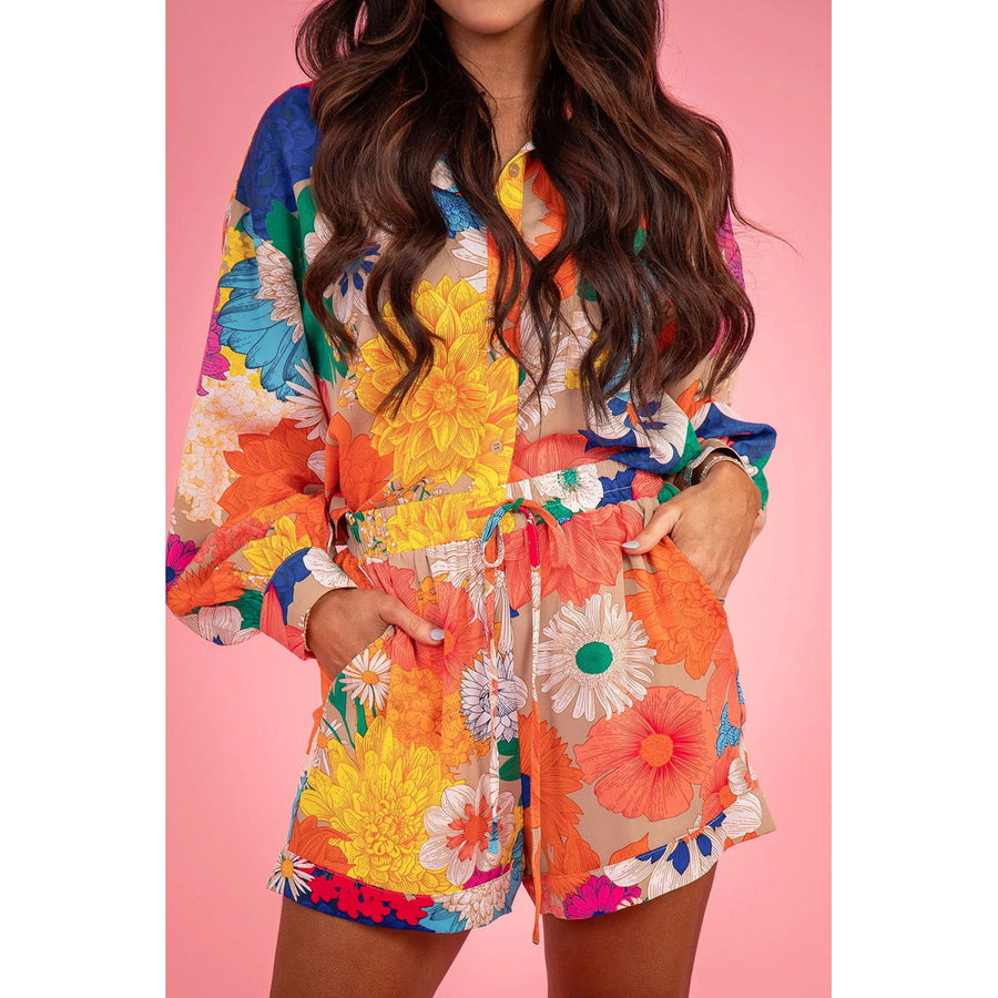 Orange Floral Print Lantern Sleeve Shirt Drawstring Shorts Set Image 1