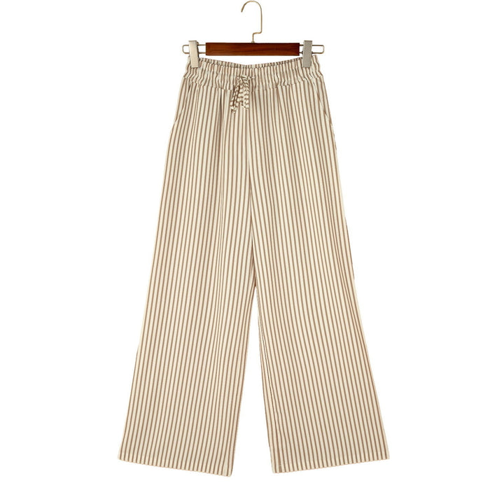 Khaki Striped Drawstring Waist Loose Pants Image 9