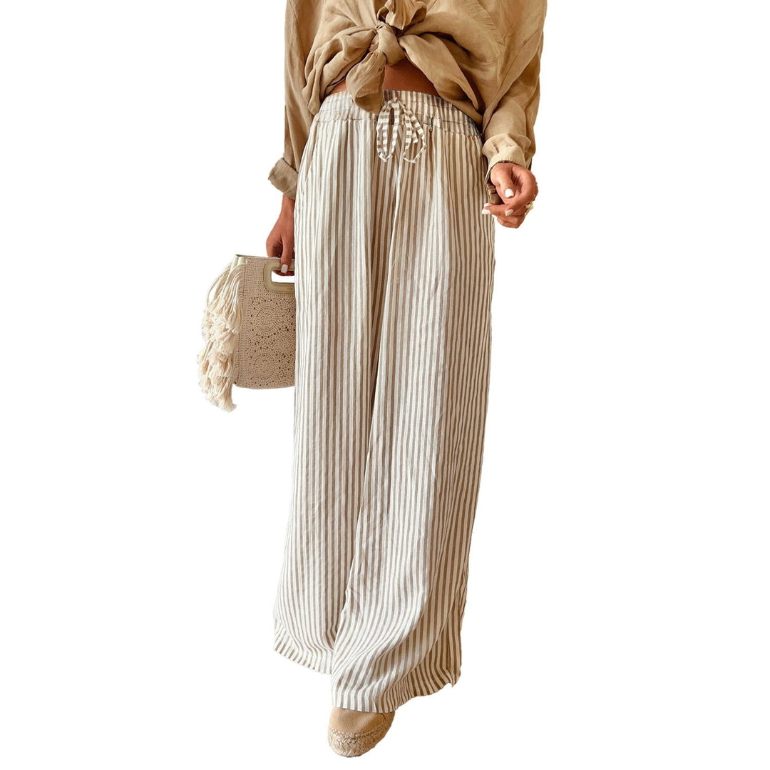 Khaki Striped Drawstring Waist Loose Pants Image 10