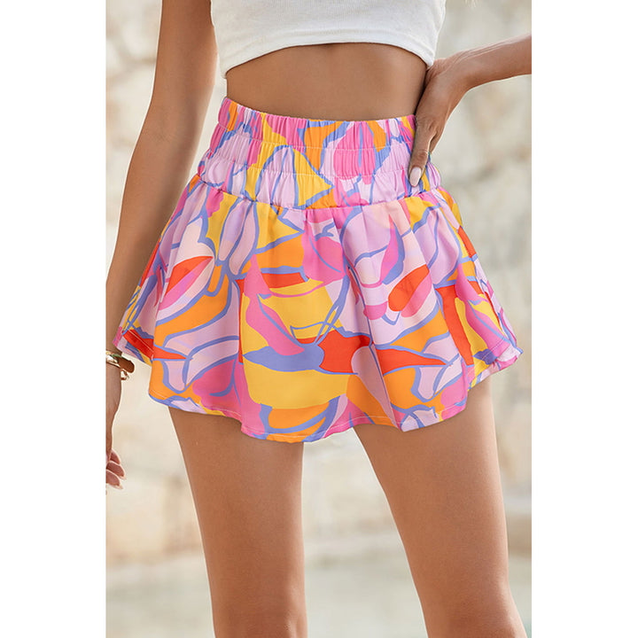 Purple Abstract Print Smocked Waist Flared Shorts Image 2