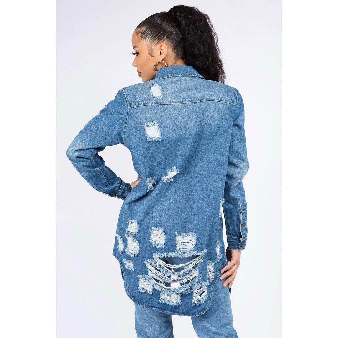 American Bazi Distressed Button Down Denim Shirt Jacket Image 2