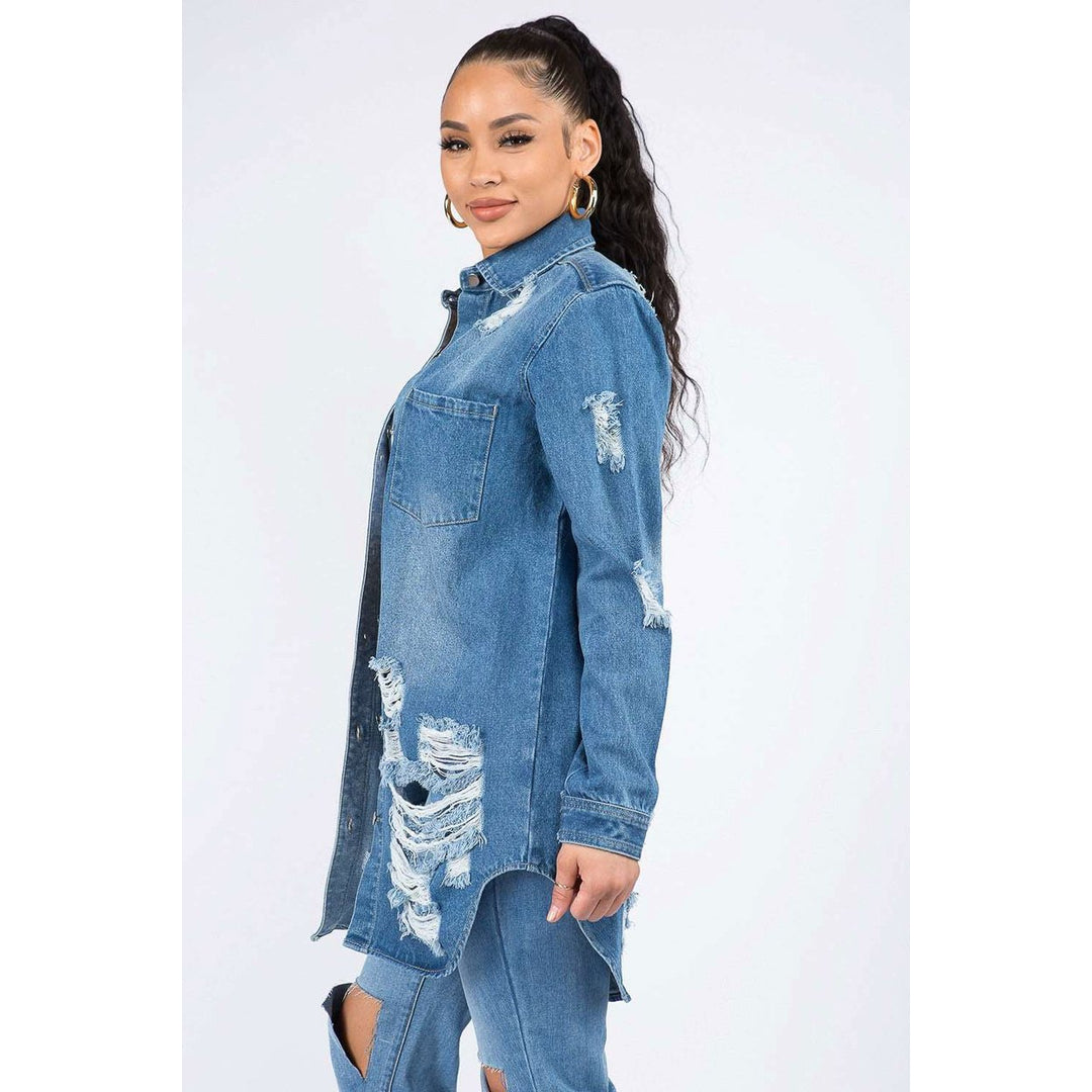 American Bazi Distressed Button Down Denim Shirt Jacket Image 3