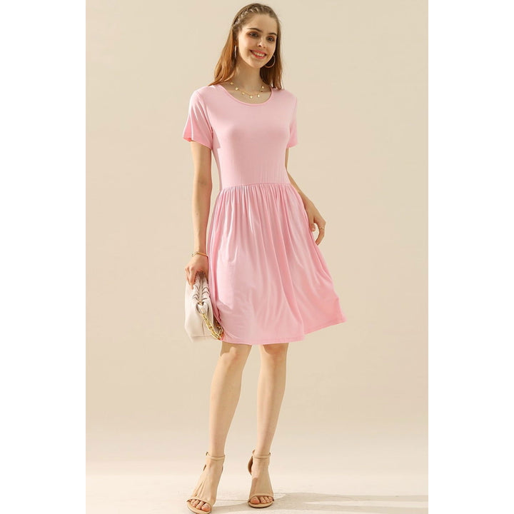 ChezWe Full Size Round Neck Ruched Dress with Pockets Image 1