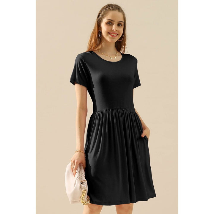 ChezWe Full Size Round Neck Ruched Dress with Pockets Image 3