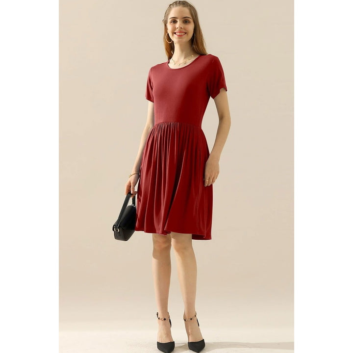 ChezWe Full Size Round Neck Ruched Dress with Pockets Image 1