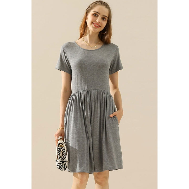 ChezWe Full Size Round Neck Ruched Dress with Pockets Image 1