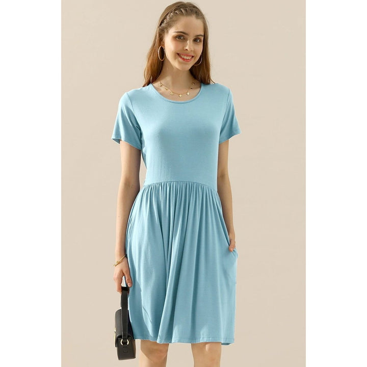 ChezWe Full Size Round Neck Ruched Dress with Pockets Image 1