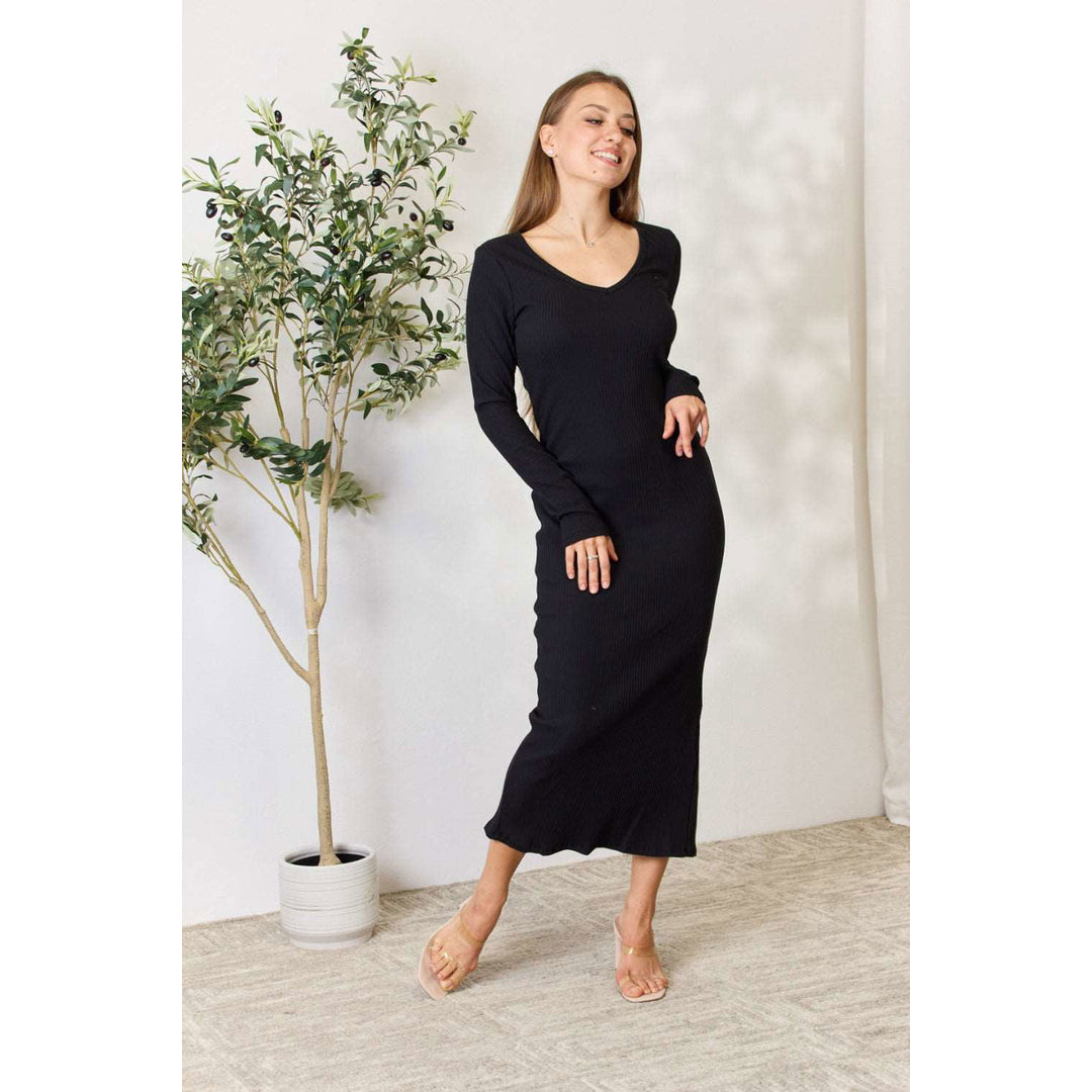 Culture Code Full Size Ribbed Long Sleeve Midi Slit Dress Image 6