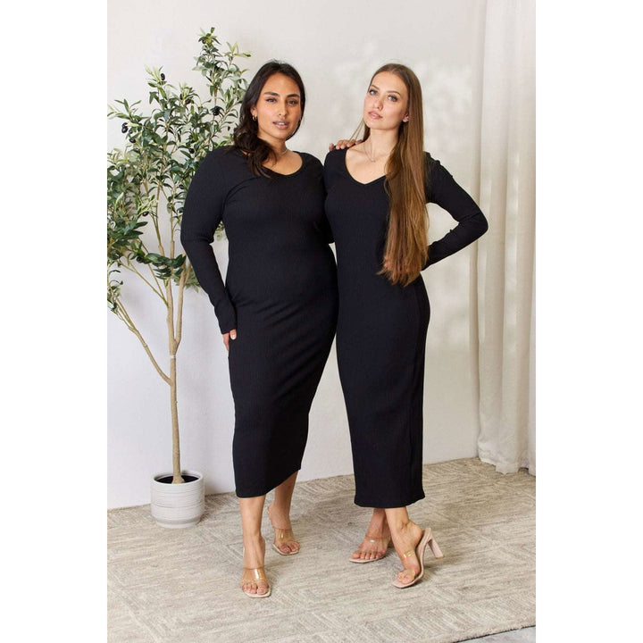 Culture Code Full Size Ribbed Long Sleeve Midi Slit Dress Image 10