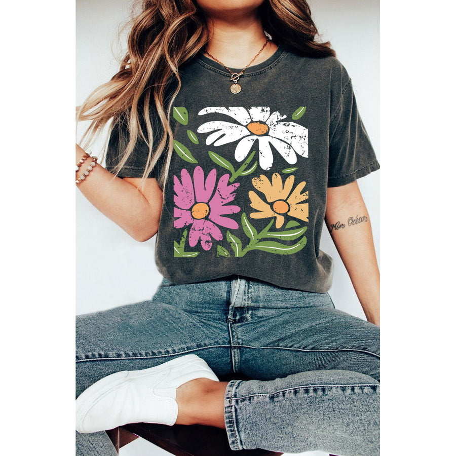 Black Mineral Wash Daisy Graphic Round Neck T Shirt Image 1