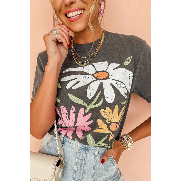 Black Mineral Wash Daisy Graphic Round Neck T Shirt Image 6