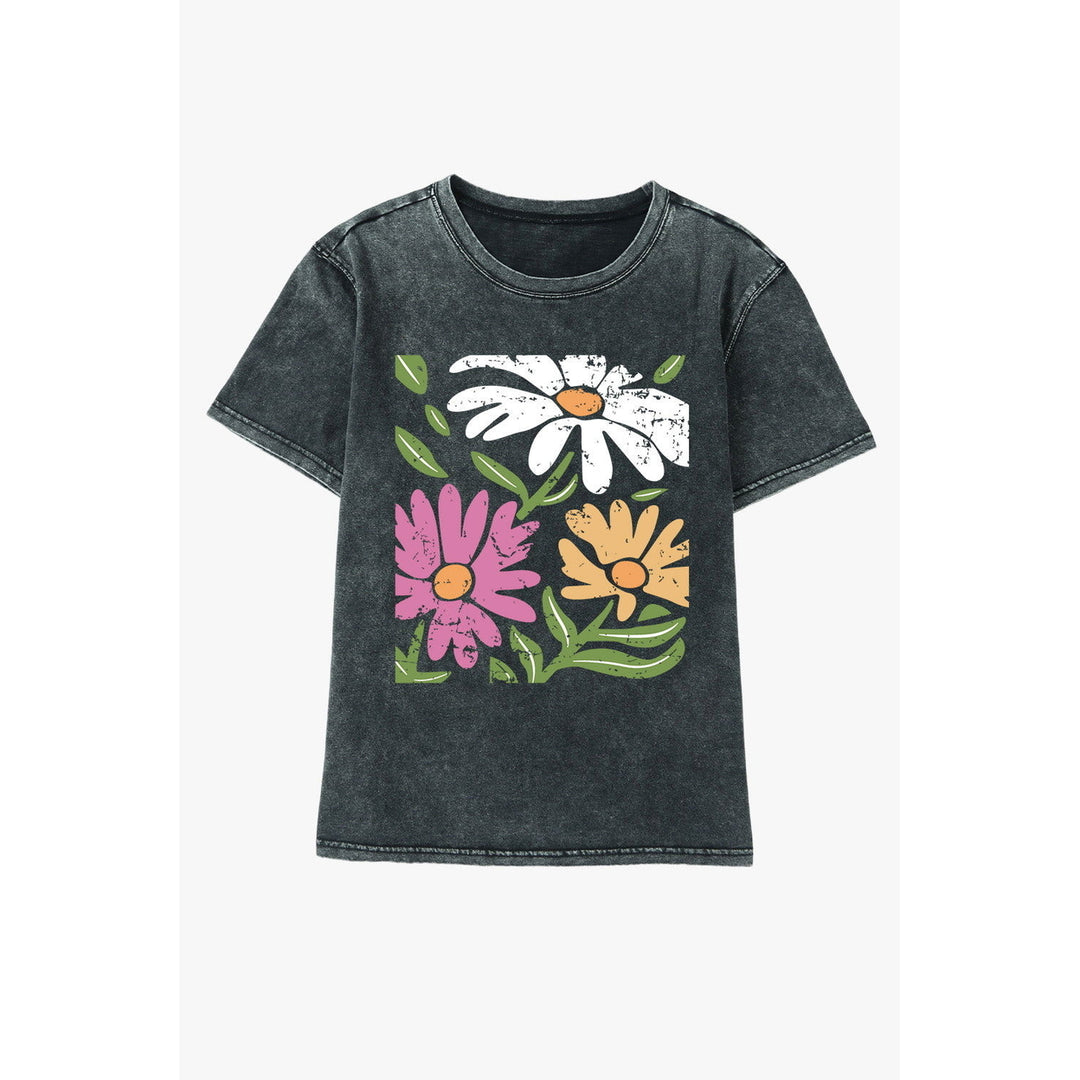 Black Mineral Wash Daisy Graphic Round Neck T Shirt Image 7