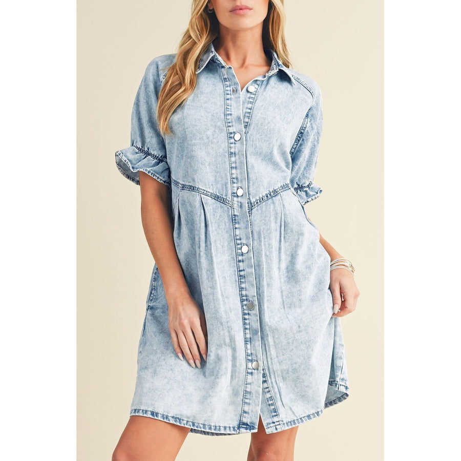 Blue Mineral Washed Ruffled Short Sleeve Pocketed Denim Dress Image 1