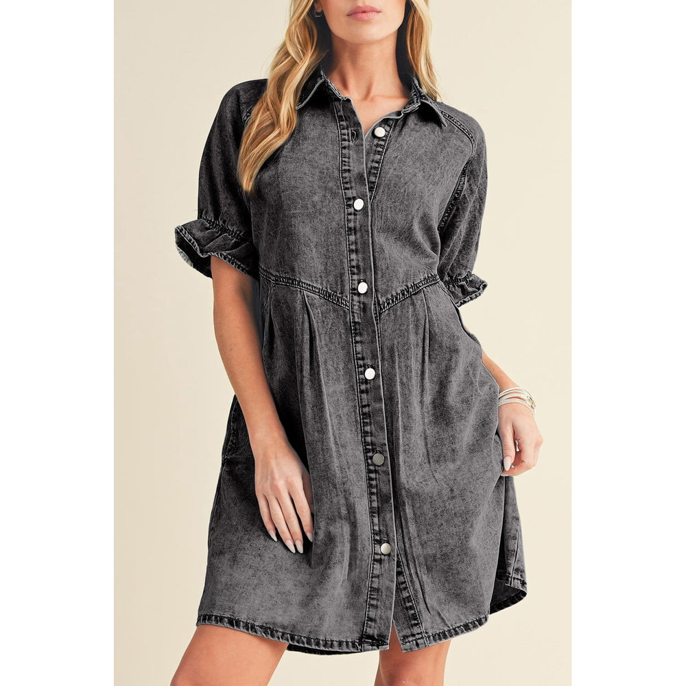 Blue Mineral Washed Ruffled Short Sleeve Pocketed Denim Dress Image 2