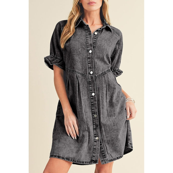 Blue Mineral Washed Ruffled Short Sleeve Pocketed Denim Dress Image 1