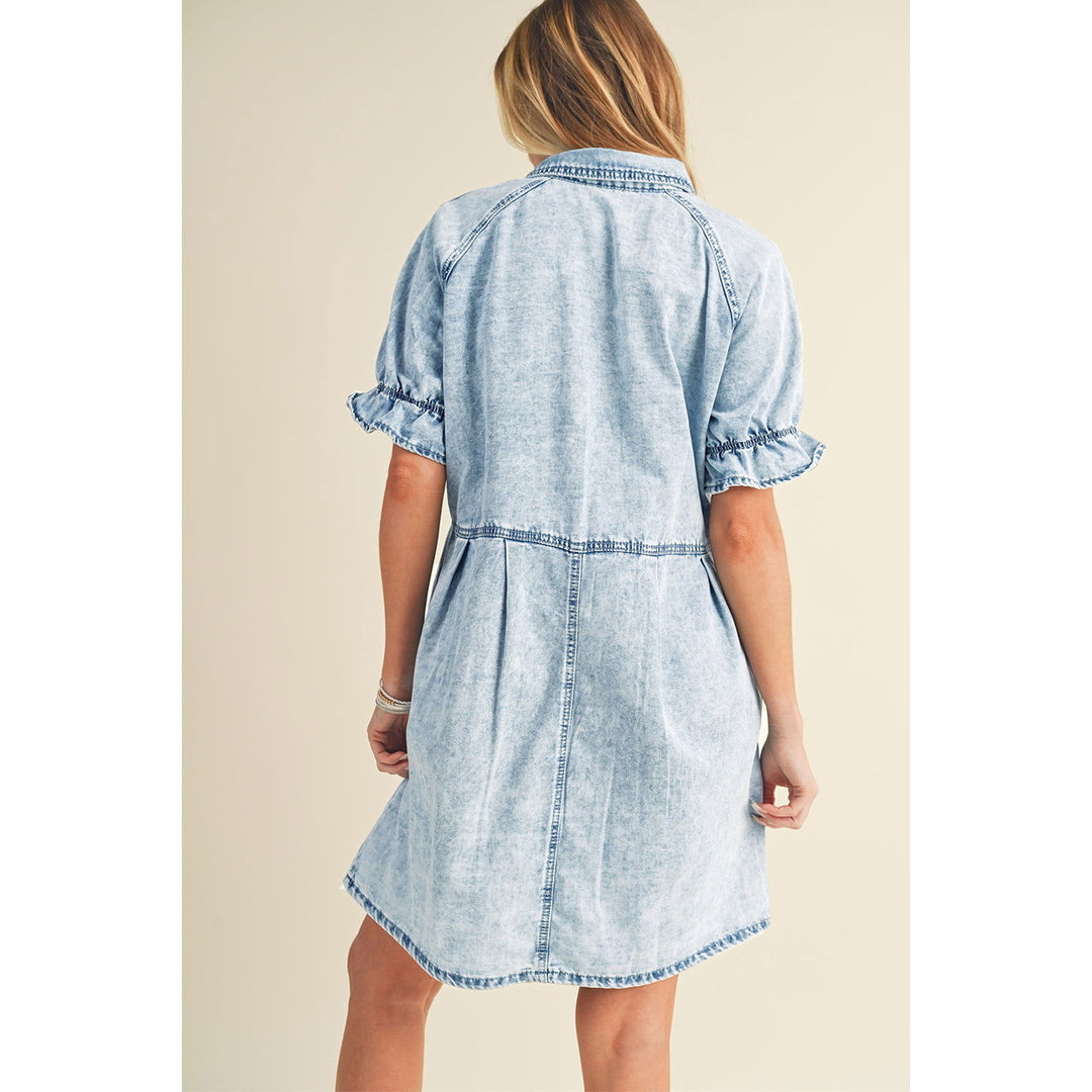 Blue Mineral Washed Ruffled Short Sleeve Pocketed Denim Dress Image 3