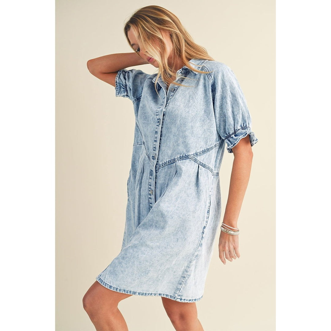 Blue Mineral Washed Ruffled Short Sleeve Pocketed Denim Dress Image 4