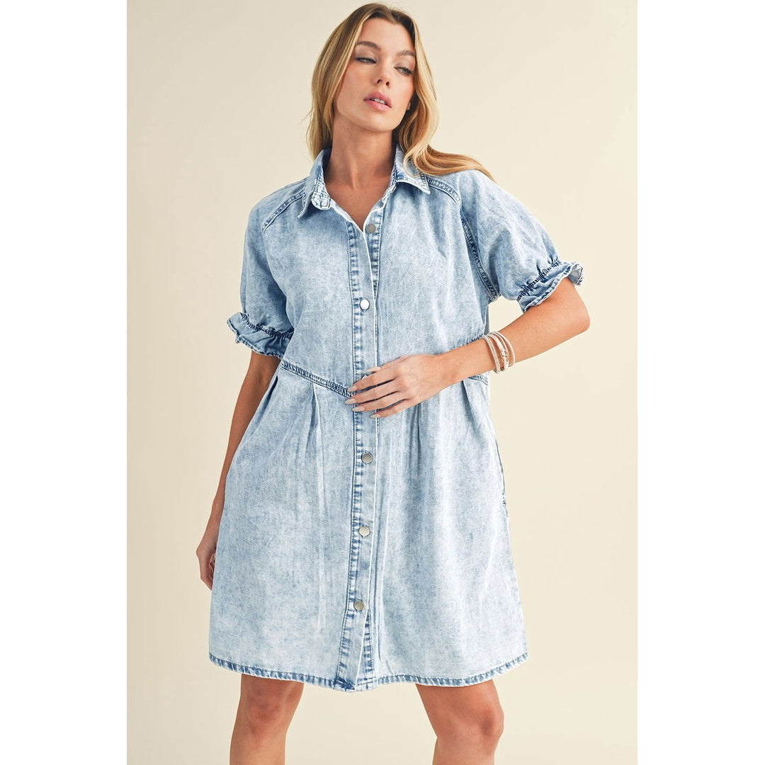 Blue Mineral Washed Ruffled Short Sleeve Pocketed Denim Dress Image 6