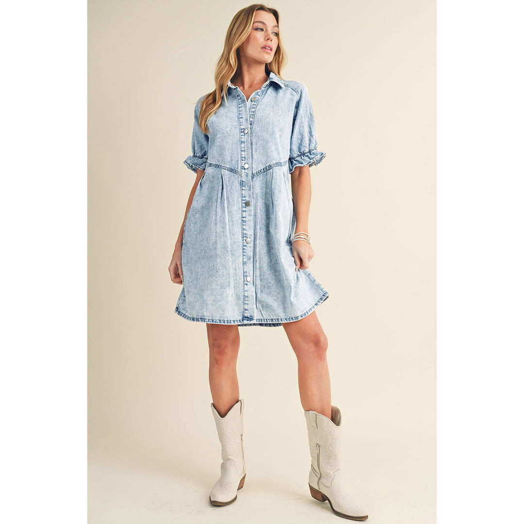 Blue Mineral Washed Ruffled Short Sleeve Pocketed Denim Dress Image 8