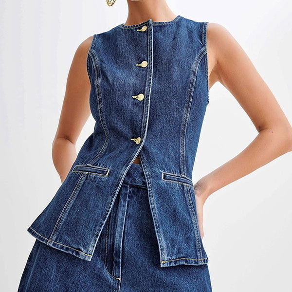 ChezWe Fashion denim suit summer casual sleeveless button vest top high waist shorts suit womens clothing Image 3