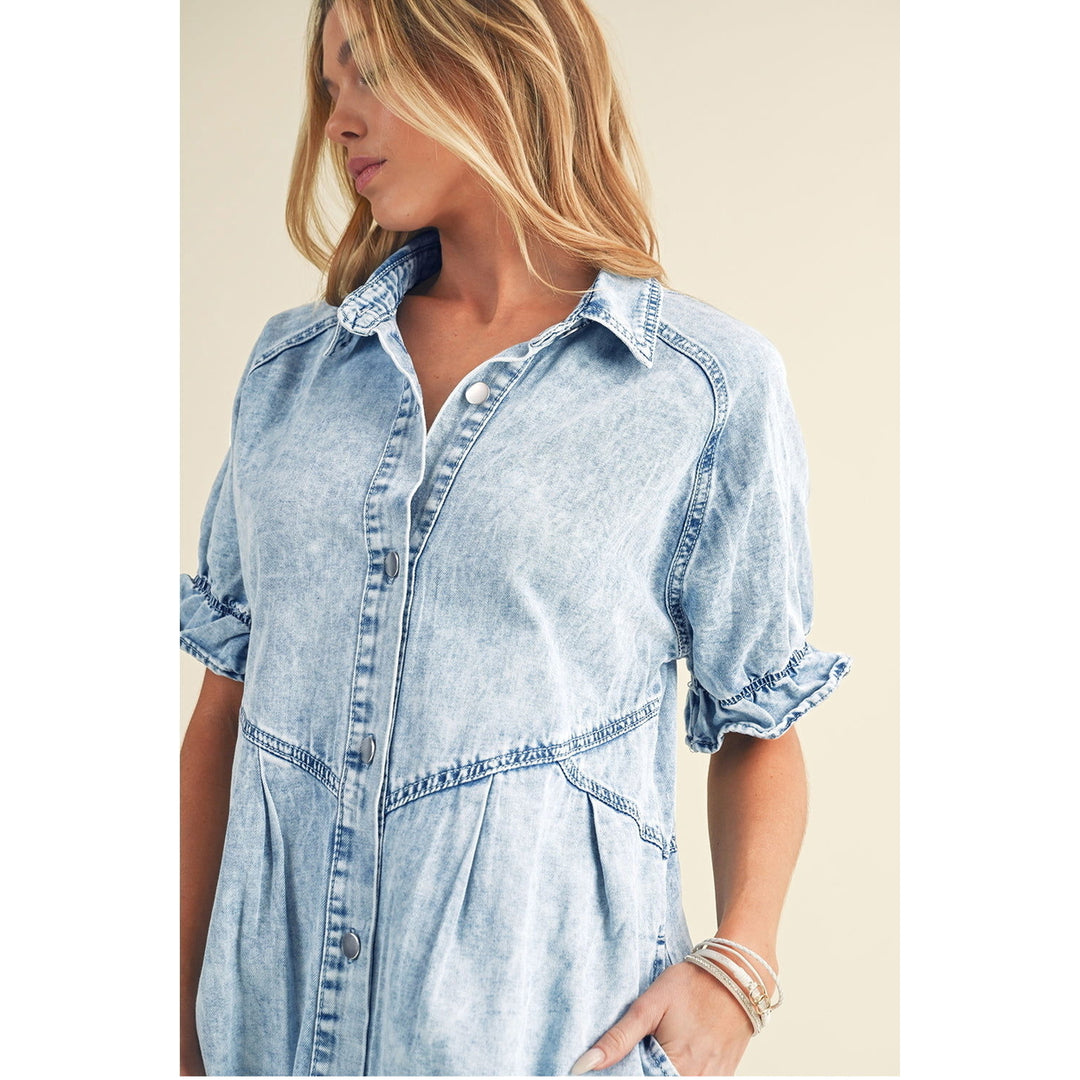 Blue Mineral Washed Ruffled Short Sleeve Pocketed Denim Dress Image 9