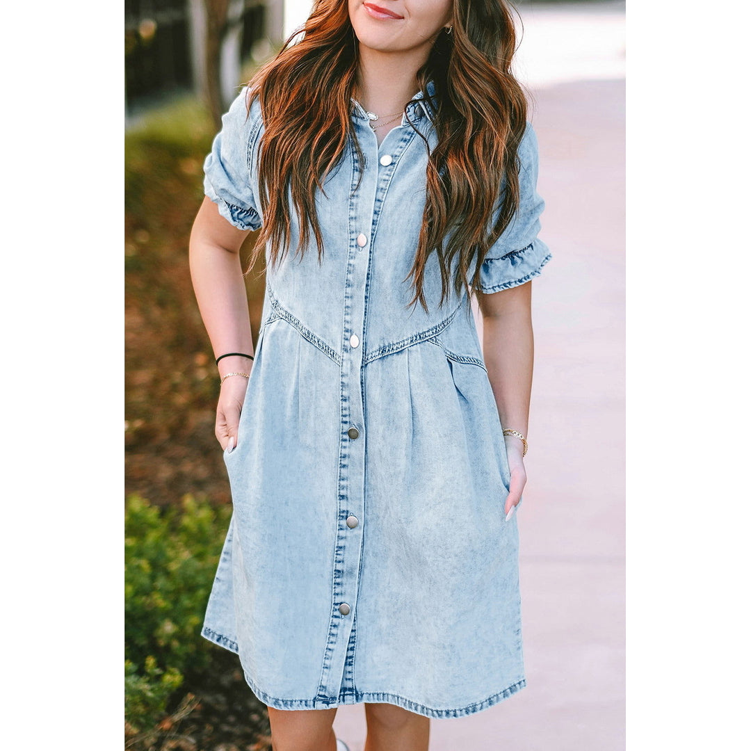 Blue Mineral Washed Ruffled Short Sleeve Pocketed Denim Dress Image 11