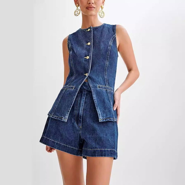 ChezWe Fashion denim suit summer casual sleeveless button vest top high waist shorts suit womens clothing Image 4