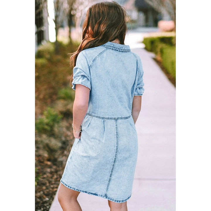 Blue Mineral Washed Ruffled Short Sleeve Pocketed Denim Dress Image 12