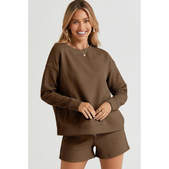 Double full-size textured long-sleeved top and drawstring shorts suit Image 1