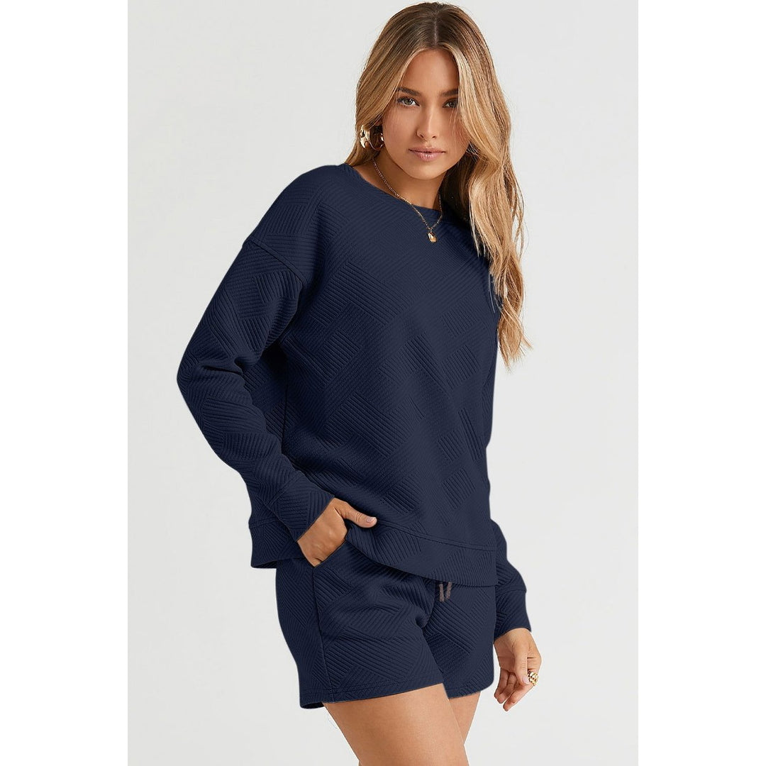 Double full-size textured long-sleeved top and drawstring shorts suit Image 2