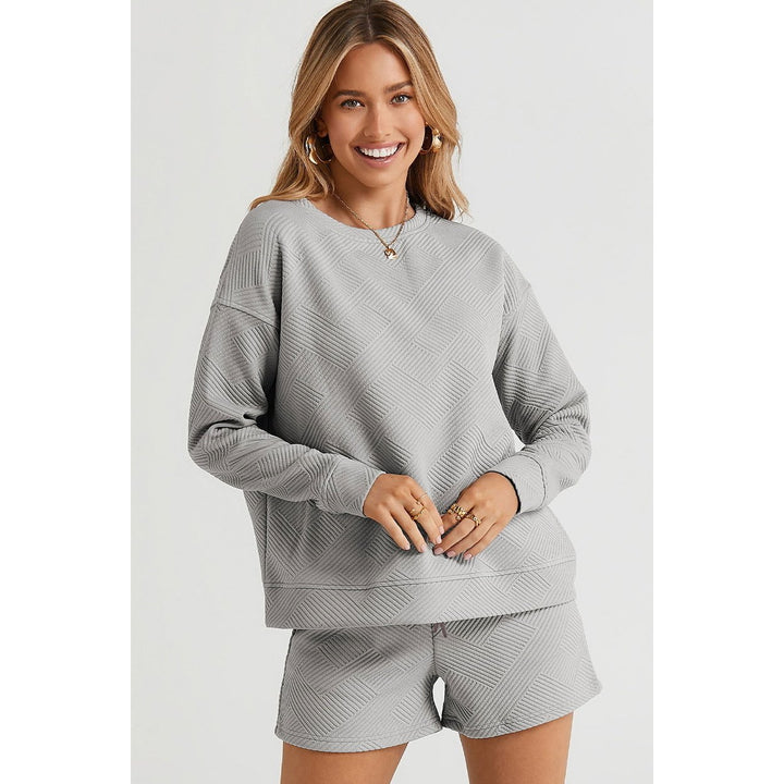 Double full-size textured long-sleeved top and drawstring shorts suit Image 3