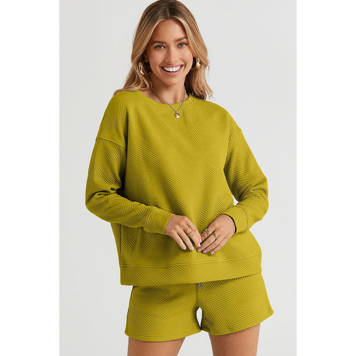 Double full-size textured long-sleeved top and drawstring shorts suit Image 4