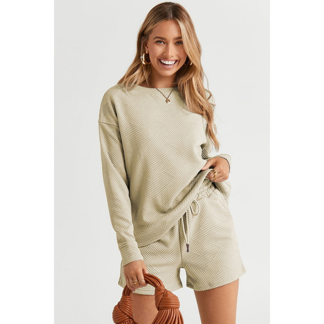 Double full-size textured long-sleeved top and drawstring shorts suit Image 4