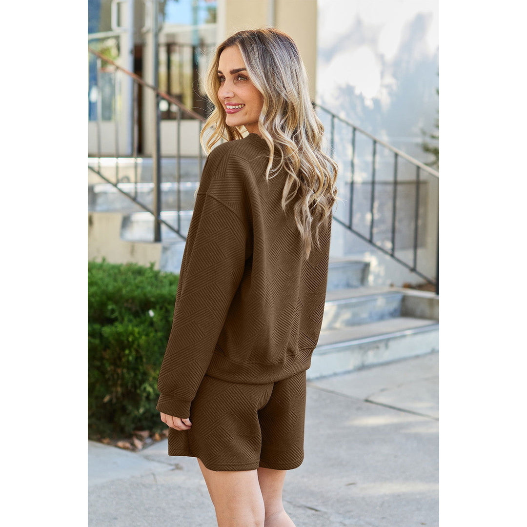 Double full-size textured long-sleeved top and drawstring shorts suit Image 6