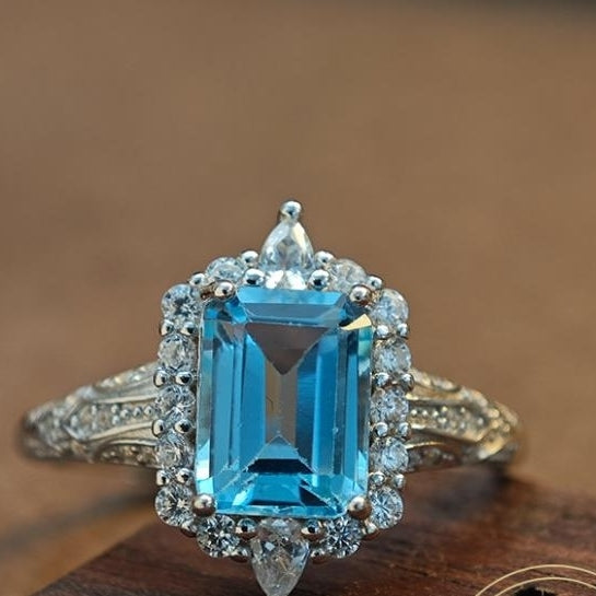 Sea blue topaz ring gemstone ring set with 925 silver female niche high-end light luxury Image 1