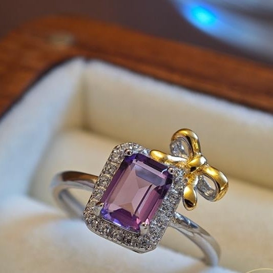 Square bow amethyst ring 925 silver decoration with adjustable opening design Image 2