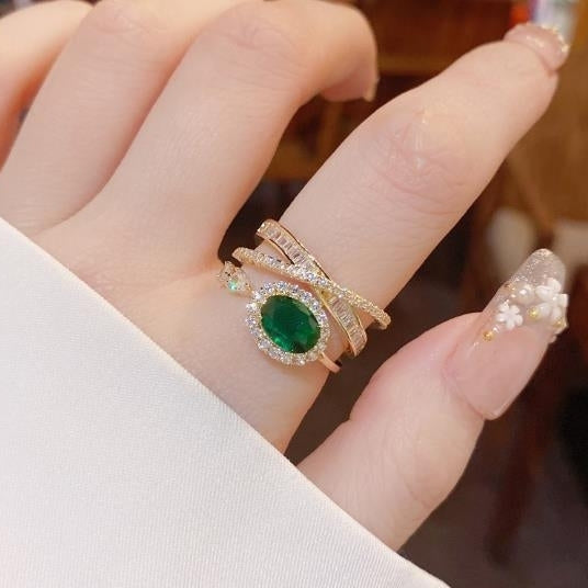 Light Luxury Heavy Industry High Texture Emerald Crystal Ring Ins Trendy Adjustable Open Ring Image 2